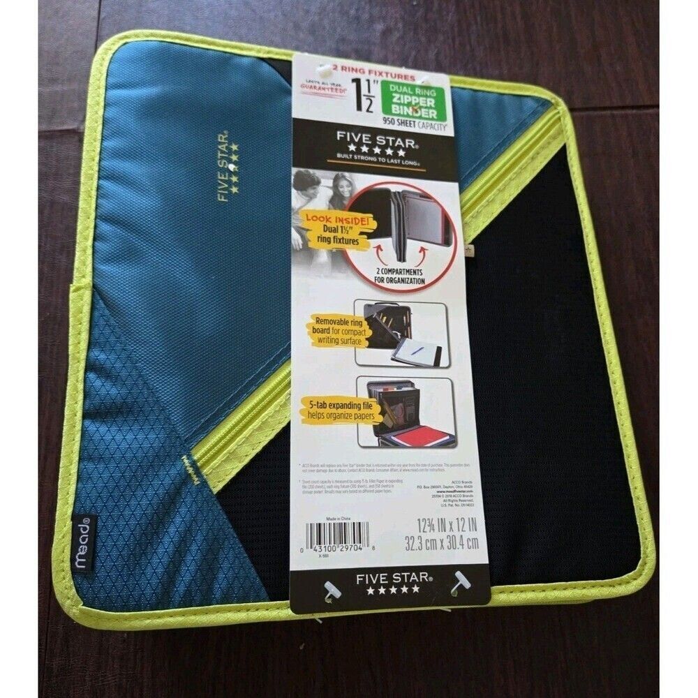 Mead Five Star Dual Ring Zipper Binder 1.5 Inch 950 Sheets NEW Retro Blue Green